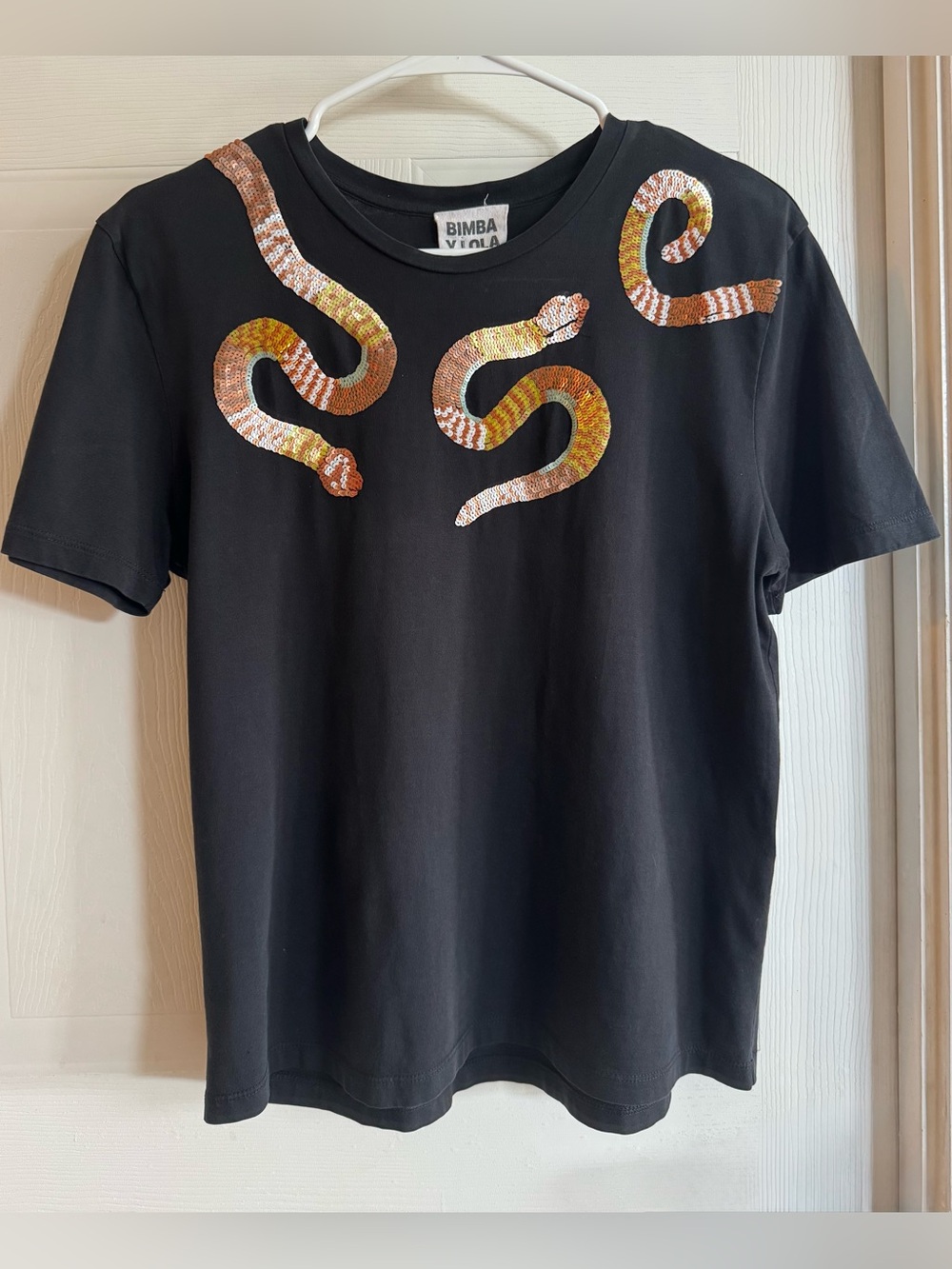 Bimba Y Lola Black Short-Sleeve Tee with Copper Sequin Snake Motif
